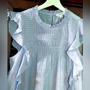 S M L Beachlunchlounge Ruffle Pintuck Pleated Top in Chambray Blue Cottagecore